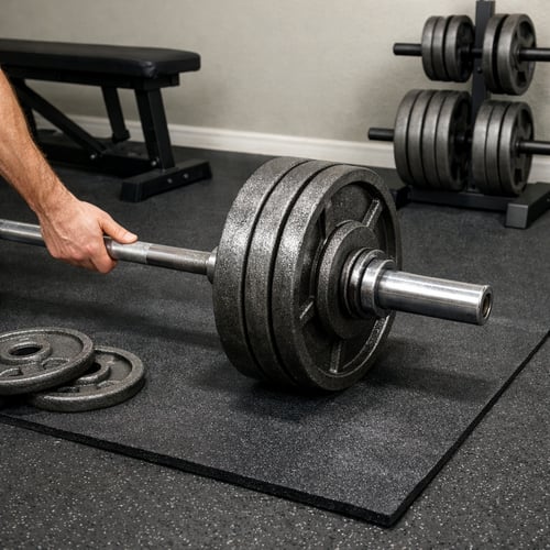 Zbliżenie na gryf z masywnymi, ciemnymi talerzami podczas treningu siłowego – ilustracja porównania obciążenia żeliwne czy bitumiczne w praktycznym zastosowaniu.