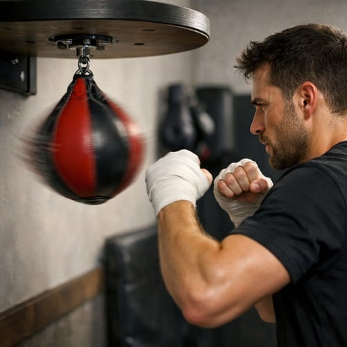 Mężczyzna w białych bandażach trenujący na gruszce bokserskiej typu speed bag przymocowanej do sufitu – idealna ilustracja do pytania gruszka czy worek.
