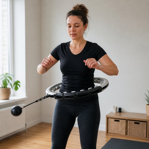 Kobieta trenuje jak kręcić hula hop z obciążeniem, ćwiczenie na brzuch i talię wykonywane w domu.