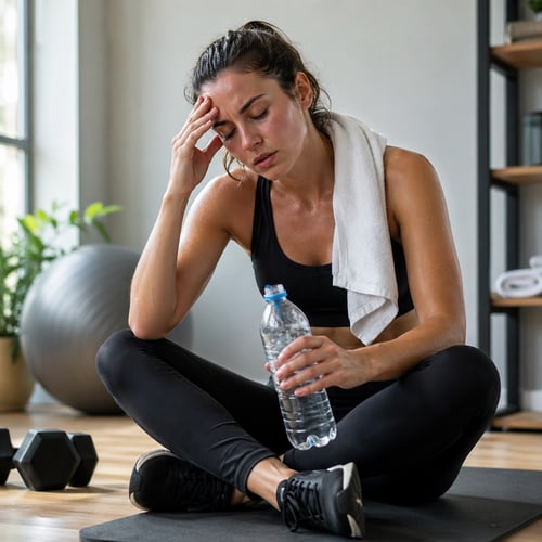 Zmęczona kobieta siedzi na macie z butelką wody i trzyma się za głowę – możliwy ból głowy po treningu i oznaki odwodnienia.