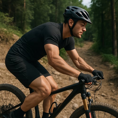 jakie mięśnie pracują na rowerze - mężczyzna jadący na rowerze z wyraźnie zarysowanymi mięśniami nóg w terenie górskim