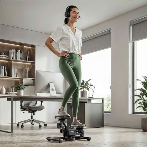 Kobieta ćwicząca na kompaktowym stepperze bez drążków w domowym biurze – wizualizacja pomagająca ocenić, jaki stepper kupić do niewielkich pomieszczeń.