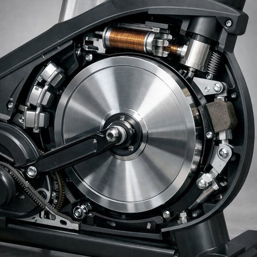 Zbliżenie na wnętrze roweru stacjonarnego z widocznym kołem zamachowym, przedstawiające szczegóły mechanizmu i elementów konstrukcyjnych – idealne do analizy, jakie koło zamachowe do roweru stacjonarnego wybrać.