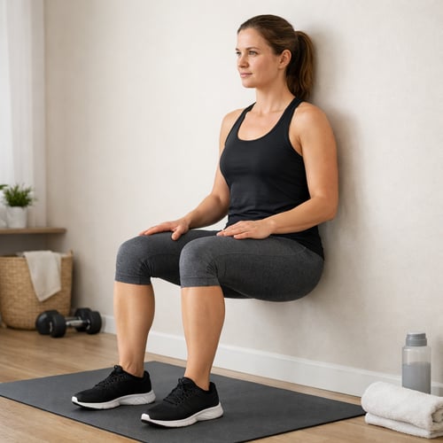 Kobieta w sportowym stroju prezentuje pilates przy ścianie, wykonując stabilne oparcie plecami o białą ścianę w pozycji półprzysiadu. Ćwiczy na czarnej macie w domowej przestrzeni, a obok niej leżą hantle, bidon i biały ręcznik. Zdjęcie ilustruje trening wzmacniający mięśnie nóg.