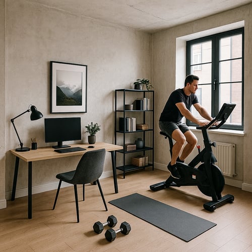 Mężczyzna ćwiczy na rowerze stacjonarnym w domowym biurze – komfortowe podejście do spinningu i odpowiedź na pytanie spinning co to w warunkach domowych.