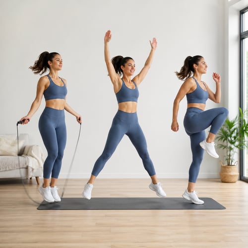 Kobieta wykonuje trening cardio w domu – skakanie na skakance, pajacyki i unoszenie kolan na macie w jasnym salonie.