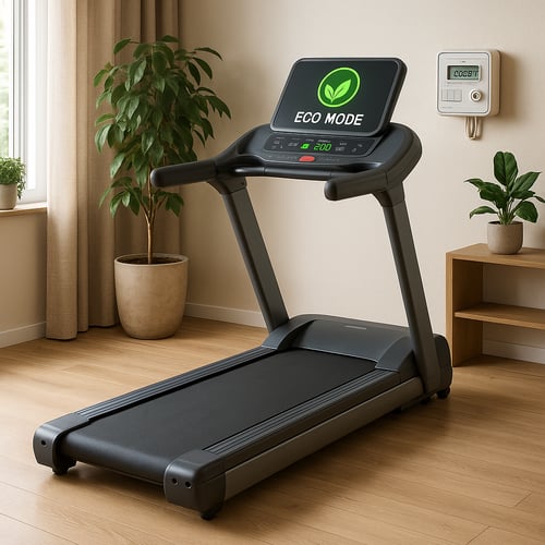 bieżnia elektryczna ustawiona w salonie na drewnianej podłodze z ustawionym trybem eco mode dla niskiego poboru prądu