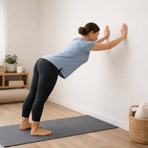 Kobieta wykonująca ćwiczenia przy ścianie na macie w domu, pokazujące podstawowe ruchy i joga dla początkujących w spokojnym wnętrzu.