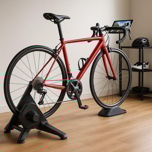 Czerwony rower szosowy zamontowany na trenażerze w domowym wnętrzu z drewnianą podłogą – nowoczesne rozwiązanie dla osób zastanawiających się, czy wybrać trenażer czy rower stacjonarny.