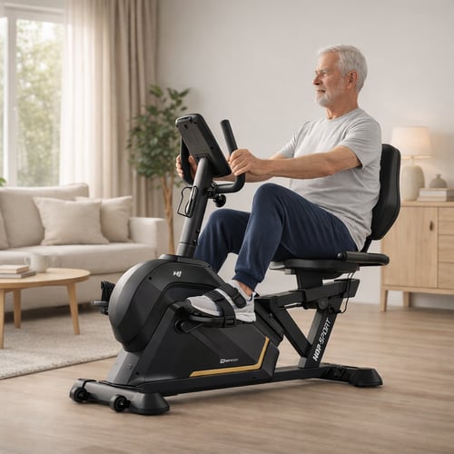 Starszy mężczyzna korzysta z poziomego roweru stacjonarnego w salonie — przykład komfortowego rozwiązania, gdy zastanawiasz się, jaki rower stacjonarny dla seniora zapewni stabilność i wygodę.