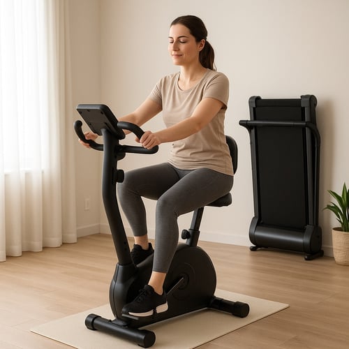 kobieta ćwicząca na rowerze treningowym w salonie