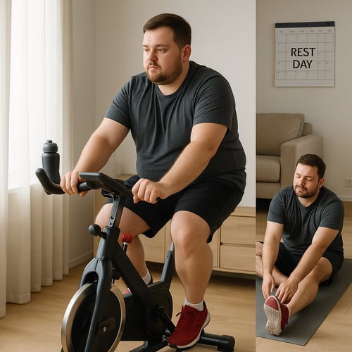 mężczyzna z nadwagę trenujący na rowerze stacjonarnym w celu zrzucenia zbędnych kilogramów