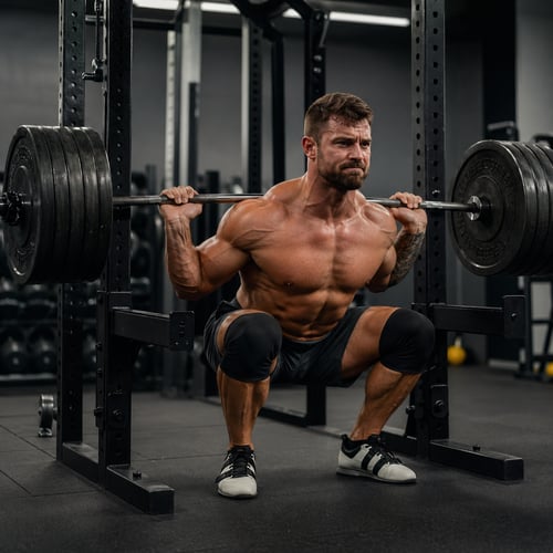 Silny mężczyzna wykonuje przysiad ze sztangą na plecach, trenując z ciężarem maksymalnym w profesjonalnej siłowni.