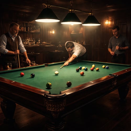 Three men playing snooker in a dimly lit club, with coloured balls scattered across the table, illustrating another variation of billiards.