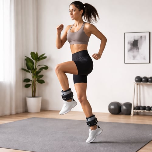 Kobieta w stroju sportowym wykonująca energiczne ćwiczenia z obciążnikami na kostkach w nowoczesnym wnętrzu – praktyczny przykład zastosowania w kontekście: obciążniki na kostki czy warto.