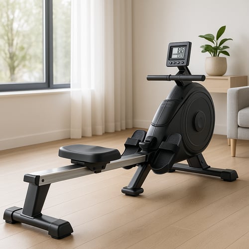 Wioślarz magnetyczny w nowoczesnym, jasnym wnętrzu domowym – sprzęt fitness do treningu cardio, idealny dla osób zastanawiających się, jaki wioślarz magnetyczny czy powietrzny wybrać do ćwiczeń w domu.