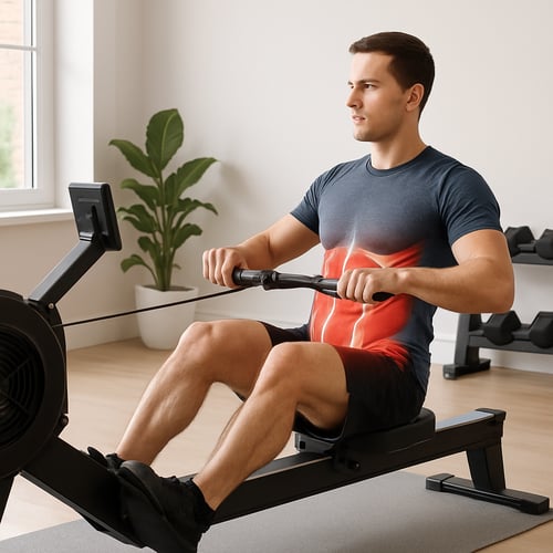 Mężczyzna trenuje na domowym wioślarzu, siedząc wyprostowany i wykonując ruch przyciągania uchwytu — prawidłowa technika, którą warto poznać przed rozpoczęciem ćwiczeń, zwłaszcza biorąc pod uwagę możliwe przeciwwskazania do korzystania z wioślarza.