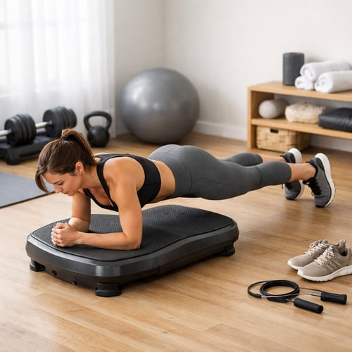 Kobieta w sportowym stroju wykonuje plank na czarnej platformie wibracyjnej w domowej siłowni. Ćwiczenie wzmacniające mięśnie brzucha i pleców. Platforma wibracyjna – jaką wybrać do treningu core w domu?