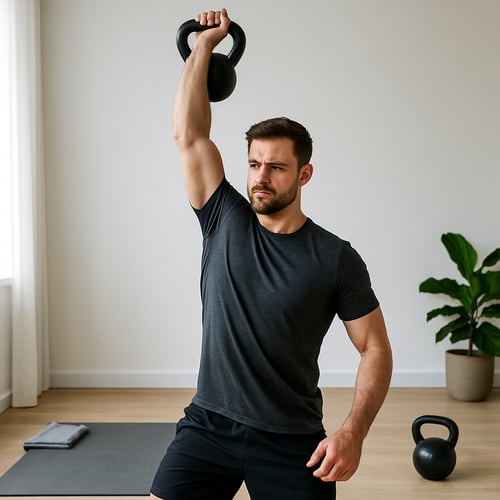 Mężczyzna w ciemnej koszulce unosi jednoręcznie kettlebell nad głowę w pozycji stojącej – trening kettlebell rozpiska dla mężczyzn skupiona na sile i stabilizacji.