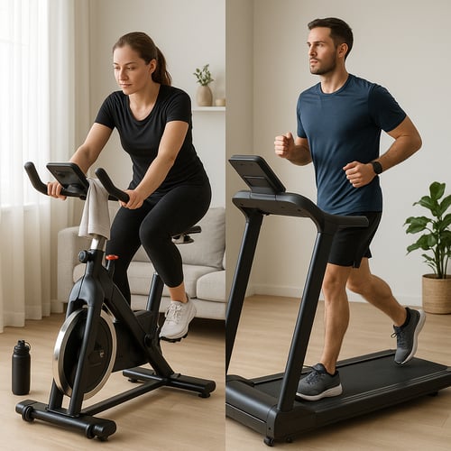 kobieta trenująca na rowerze stacjonarnym i mężczyzna ćwiczący na bieżni domowej