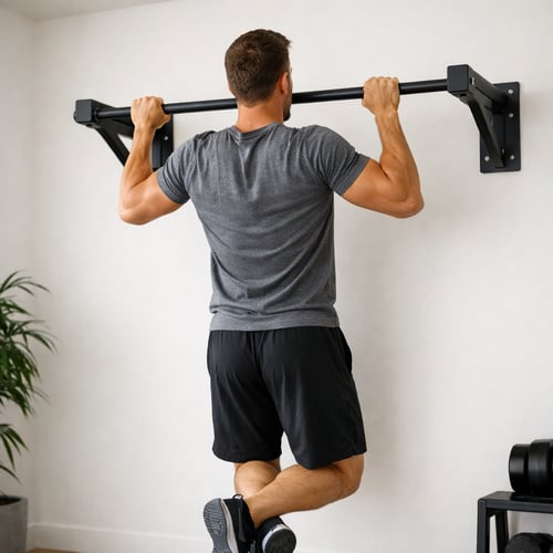 Mężczyzna wykonujący podciąganie na ściennym drążku treningowym - idealna ilustracja dla osób zastanawiających się, jaki drążek do podciągania wybrać do domowej siłowni.