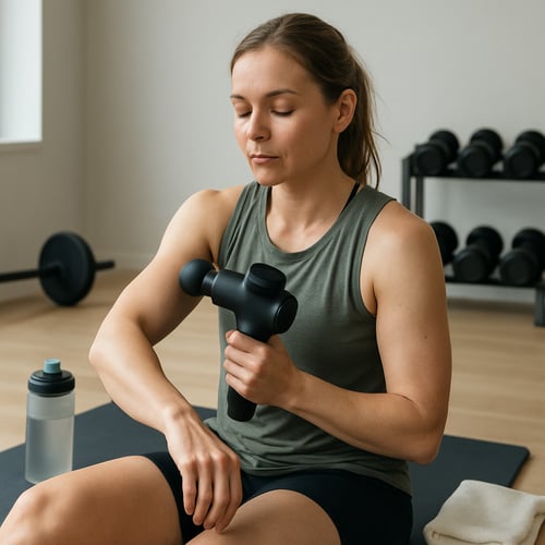 Kobieta trzyma hantle oburącz w wyprostowanych ramionach na wysokości barków, łącząc przysiad z ćwiczeniami na biceps z hantlami – trening wzmacniający całe ciało.