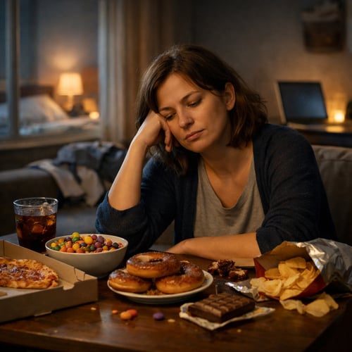 Zmęczona kobieta jedząca słodycze i fast food wieczorem, co może tłumaczyć dlaczego nie mogę schudnąć mimo starań.