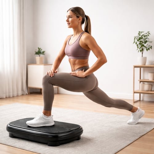 Kobieta w legginsach i sportowym topie wykonuje wykrok z jedną nogą opartą o platformę wibracyjną. Ćwiczenie wzmacniające uda i pośladki. Platforma wibracyjna – jaką wybrać do treningu dolnych partii ciała?