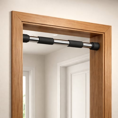 Zbliżenie na drążek rozporowy z hakami zamontowany w drewnianej futrynie drzwi, z wygodnymi piankowymi uchwytami do podciągania.