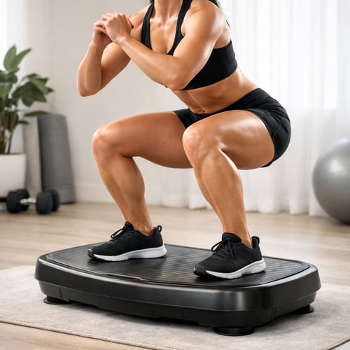 Zbliżenie na przysiad kobiety wykonany na czarnej platformie wibracyjnej w jasnym wnętrzu. Trening funkcjonalny z wykorzystaniem wibracji. Platforma wibracyjna – jaką wybrać do spalania kalorii i wzmocnienia nóg?