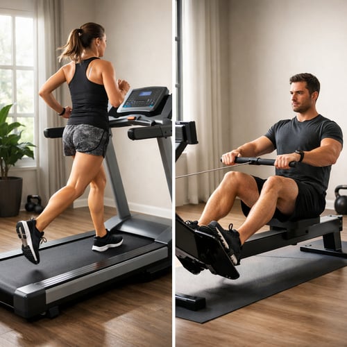 Kobieta biegnąca na bieżni w jasnym pokoju i mężczyzna ćwiczący na wioślarzu – porównanie dwóch form treningu cardio: wioślarz czy bieżnia.