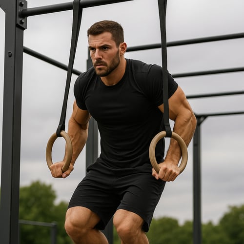 Trenujący mężczyzna w czarnym stroju utrzymuje ciało w górnej fazie muscle upa na kółkach gimnastycznych, zawieszonych na stalowej konstrukcji na świeżym powietrzu.