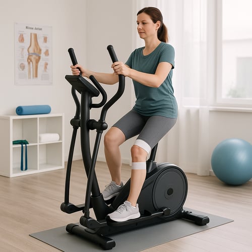 Kobieta ćwicząca na orbitreku w jasnym pomieszczeniu, z opaskami stabilizującymi na kolanach – trening z myślą o zdrowiu stawów w kontekście orbitrek a kolana.