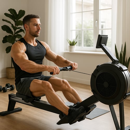 Mężczyzna podczas treningu na wioślarzu w domowej siłowni; przykład efektywnego ćwiczenia całego ciała – wioślarz czy orbitrek jako sprzęt do poprawy kondycji i sylwetki.