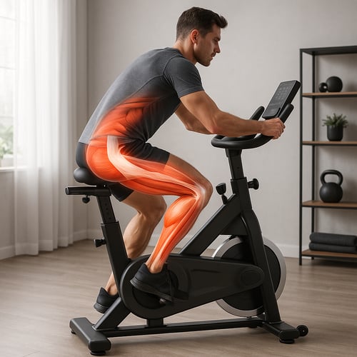 Mężczyzna trenujący na rowerze stacjonarnym z wizualizacją aktywowanych mięśni nóg – ilustracja pomagająca podjąć decyzję: trenażer czy rower stacjonarny do skutecznego treningu w domu.