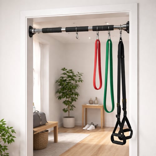 Drążek rozporowy z hakami zamontowany w futrynie drzwi, z przymocowanymi taśmami oporowymi i uchwytami do ćwiczeń siłowych w domowej siłowni.