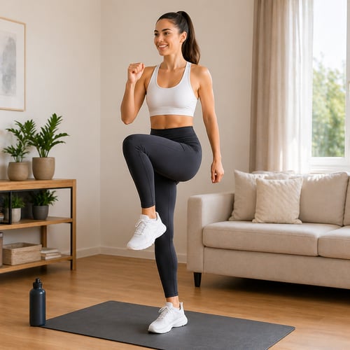 Kobieta ćwiczy wysokie unoszenie kolan, trening cardio w domu poprawiający kondycję i spalanie kalorii.