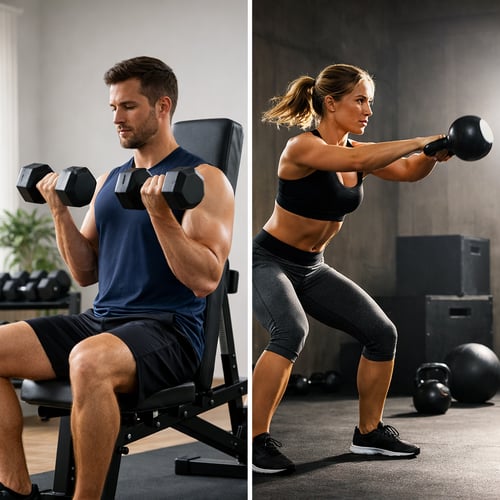 Porównanie ćwiczeń z hantlami i kettlebell – mężczyzna siedzi na ławce i wykonuje uginanie ramion z hantlami, a kobieta ćwiczy dynamicznie z kettlebell, co obrazuje różne możliwości treningowe przy wyborze: hantle czy kettlebell.