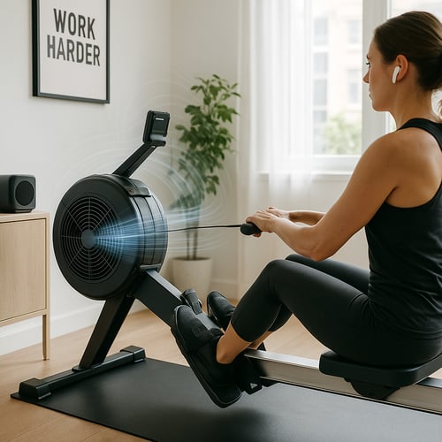 Kobieta w trakcie intensywnego treningu na wioślarzu powietrznym w domowej siłowni – przykład aktywności, który może pomóc w wyborze: wioślarz magnetyczny czy powietrzny do codziennych ćwiczeń.