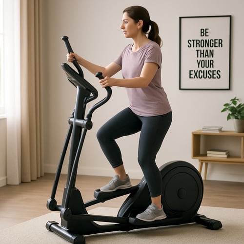 Kobieta ćwicząca na orbitreku w domowej siłowni, w tle motywacyjny plakat – bezpieczny trening na orbitreku a kolana i ich odciążenie.