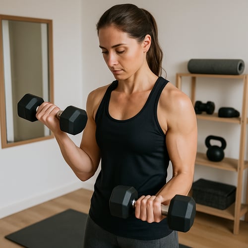 Kobieta w sportowym stroju wykonuje ćwiczenia na biceps z hantlami w pozycji wykrocznej, koncentrując się na pracy ramion podczas dynamicznego treningu siłowego w siłowni.