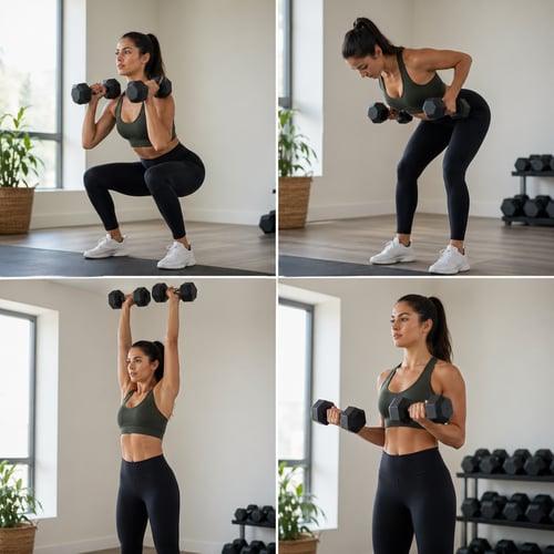 Kobieta wykonuje różne ćwiczenia z hantlami – przysiady, wiosłowanie i wyciskanie, trening siłowy dla kobiet w jasnym studiu fitness.