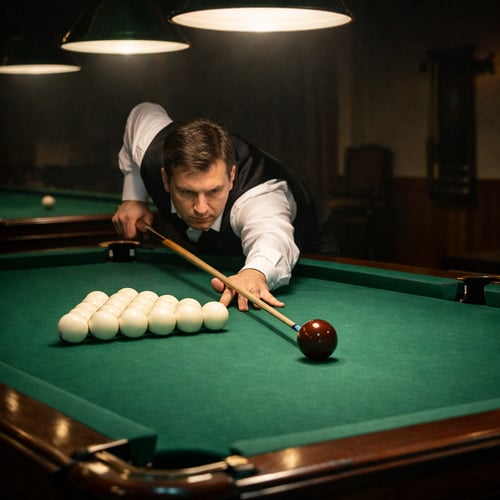 Man in waistcoat preparing to break in a Russian pyramid game, a less common variation of billiards played with all white balls.