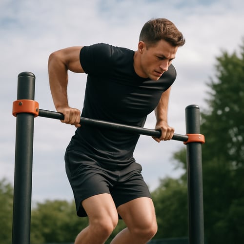 Skoncentrowany mężczyzna w czarnym stroju sportowym wykonuje ćwiczenie muscle up na niskim drążku w plenerze, unosząc ciało nad poręcz w dynamicznym ruchu.