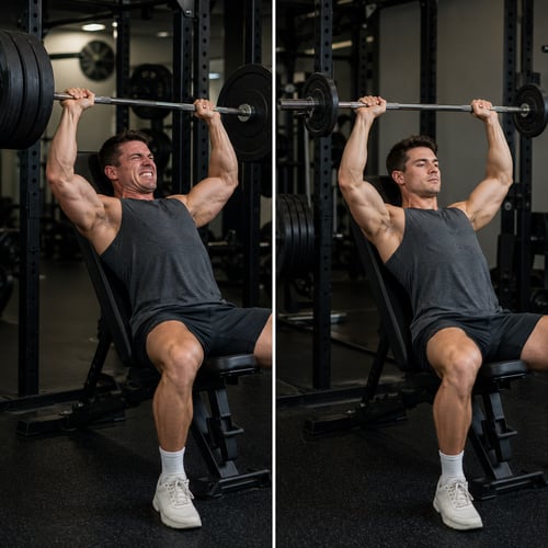 Ćwiczenie wyciskania sztangi na ławce skośnej – porównanie poprawnej techniki i wysiłku przy ciężarze maksymalnym na siłowni.