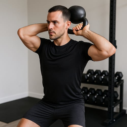Mężczyzna trzymający kettlebell za głową w pozycji półprzysiadu podczas ćwiczenia kettlebell halo na siłowni domowej; technika ruchu doskonale ilustruje sposób wykonywania ćwiczenia kettlebell halo.