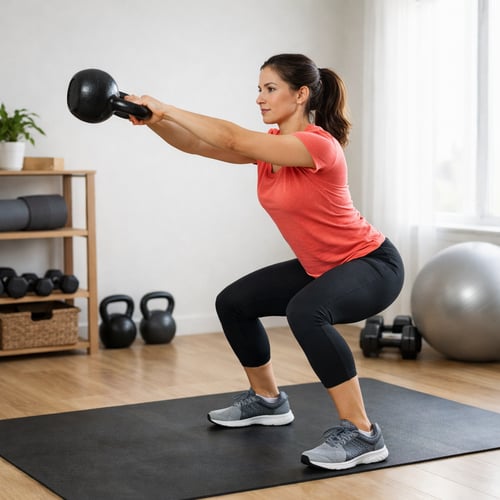 Kobieta wykonuje przysiad z kettlebell w domowej siłowni, prezentując dynamiczny i funkcjonalny trening z odważnikiem – wizualna odpowiedź na pytanie: hantle czy kettlebell.