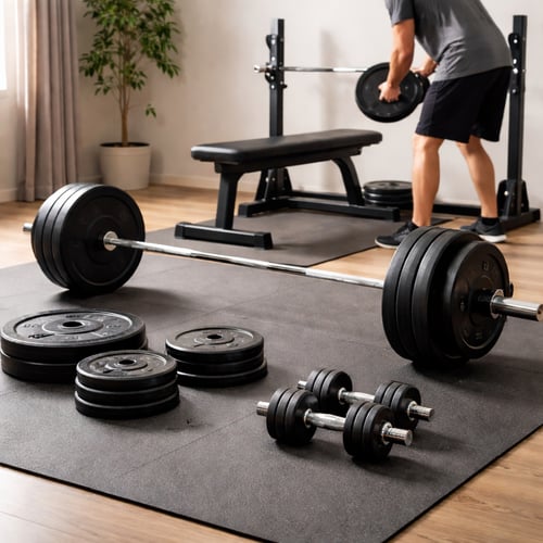 Domowa siłownia z gryfem, hantlami i talerzami obciążeń leżącymi na podłodze – przykład wyposażenia, który pomaga zdecydować, jaki zestaw obciążeń wybrać.