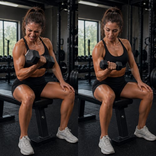 Kobieta ćwiczy biceps z hantlami na ławce, pokazując poprawną technikę i wysiłek podczas treningu siłowego dla kobiet na siłowni.