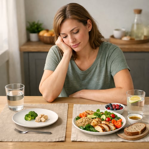 Kobieta siedząca przy stole i wybierająca między zdrowym a mniej zdrowym posiłkiem, obrazująca problem dlaczego nie mogę schudnąć.